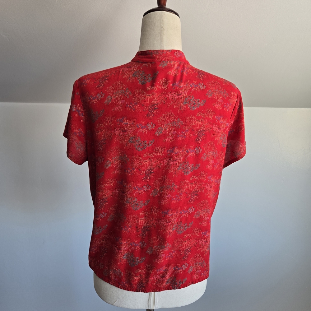 Clio Vintage 80s Red Rayon Top with Oriental Print - Picture 6 of 11